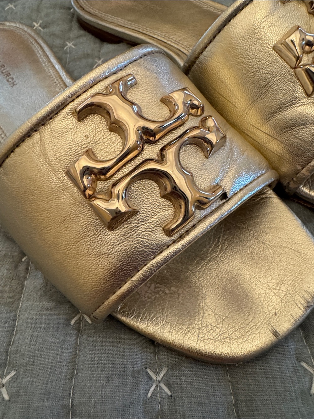 Tory Burch Gold Logo Slide Sandals - Metallic Leather - Picture 3 of 9